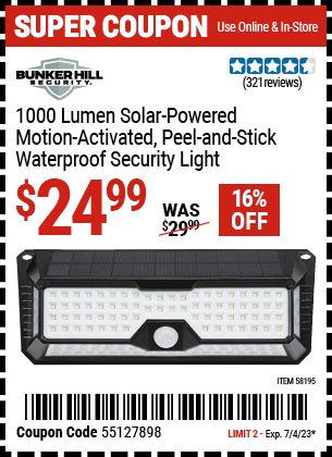 Buy the BUNKER HILL SECURITY 1000 Lumen Wall Mount Peel-And-Stick Security Light (Item 58195) for $24.99, valid through 7/4/2023.