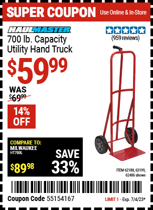 Buy the FRANKLIN 700 lb. Capacity Hand Truck (Item 58297/62180/62199) for $59.99, valid through 7/4/2023.