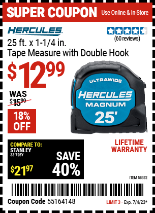 HERCULES 25 ft. Tape Measure for $12.99 – Harbor Freight Coupons