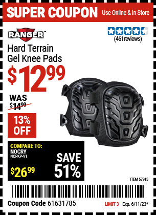 Buy the RANGER Hard Terrain Gel Knee Pads (Item 57915) for $12.99, valid through 6/11/2023.