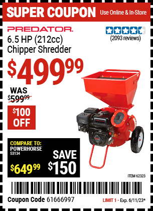 Buy the PREDATOR 6.5 HP (212cc) Chipper Shredder (Item 62323) for $549.99, valid through 6/11/2023.