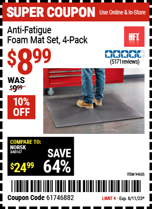 Buy the HFT Anti-Fatigue Foam Mat Set 4 Pc. (Item 94635) for $8.99, valid through 6/11/2023.