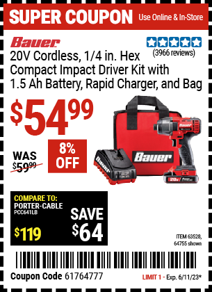 Buy the BAUER 20V Lithium 1/4 In. Hex Compact Impact Driver Kit (Item 64755/63528) for $54.99, valid through 6/11/2023.