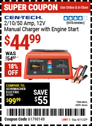 CEN-TECH 12V Manual Charger With Engine Start for $44.99 – Harbor