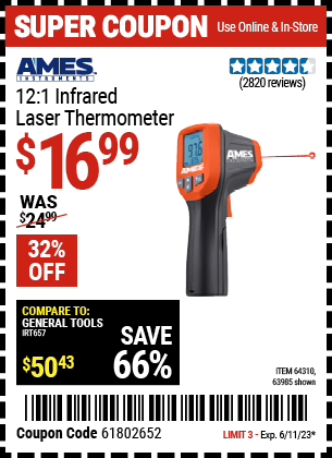 Buy the AMES 12:1 Infrared Laser Thermometer (Item 63985/64310) for $16.99, valid through 6/11/2023.