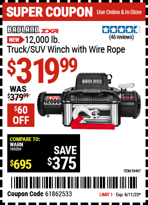 BADLAND ZXR 12,000 lb. Truck/SUV Winch with Wire Rope for $319.99 