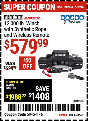 Buy the BADLAND APEX Synthetic 12000 Lb. Wireless Winch (Item 56385) for $579.99, valid through 6/25/2023.
