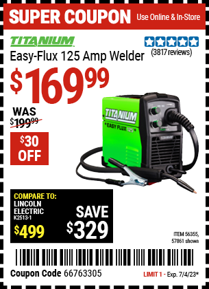 TITANIUM Easy-Flux 125 Amp Welder for $169.99 – Harbor Freight Coupons