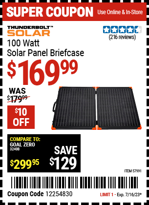 Buy the THUNDERBOLT 100 Watt Solar Panel Briefcase (Item 57991) for $169.99, valid through 7/16/2023.