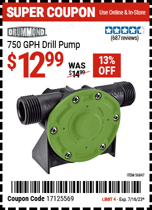 Buy the DRUMMOND 750 GPH Drill Pump (Item 56847) for $12.99, valid through 7/16/2023.