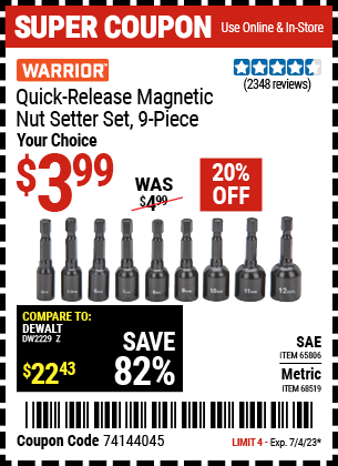 Buy the WARRIOR SAE Quick Release Magnetic Nutsetter Set 9 Pc. (Item 65806/68519) for $3.99, valid through 7/4/2023.