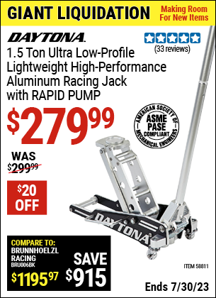 Buy the DAYTONA 1.5 ton Ultra Low Profile High Performance Aluminum Racing Jack with RAPID PUMP (Item 58811) for $279.99, valid through 7/30/2023.