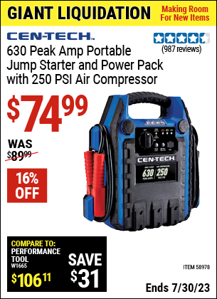 Buy the CEN-TECH 630 Peak Amp Portable Jump Starter and Power Pack with 250 PSI Air Compressor (Item 58978) for $74.99, valid through 7/30/2023.
