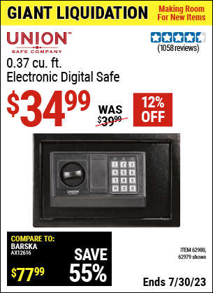 Buy the UNION SAFE COMPANY 0.37 Cubic ft. Electronic Digital Safe (Item 62979/62980) for $34.99, valid through 7/30/2023.