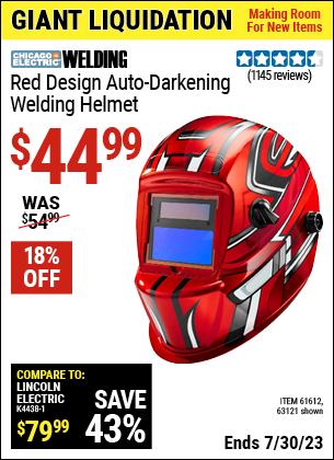 Buy the CHICAGO ELECTRIC Red Design Auto Darkening Welding Helmet (Item 63121/61612) for $44.99, valid through 7/30/2023.