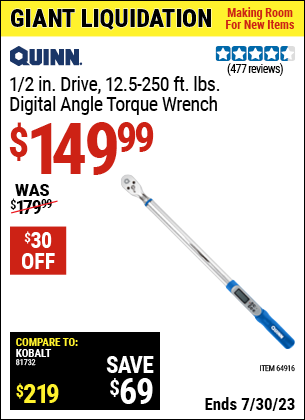 Buy the QUINN 1/2 in. Drive Digital Torque Wrench (Item 64916) for $149.99, valid through 7/30/2023.