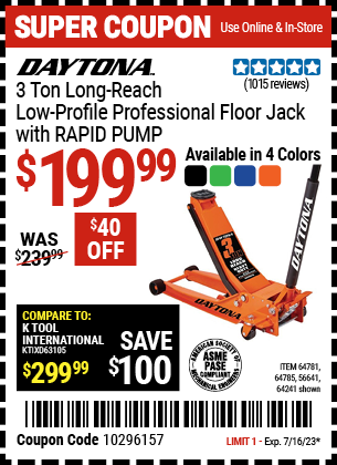 Buy the DAYTONA 3 Ton Long-Reach Low-Profile Professional Floor Jack with RAPID PUMP (Item 56641/64241/64781/64785) for $199.99, valid through 7/16/2023.