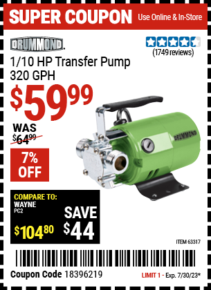 Buy the DRUMMOND 1/10 HP Transfer Pump (Item 63317) for $59.99, valid through 7/30/2023.