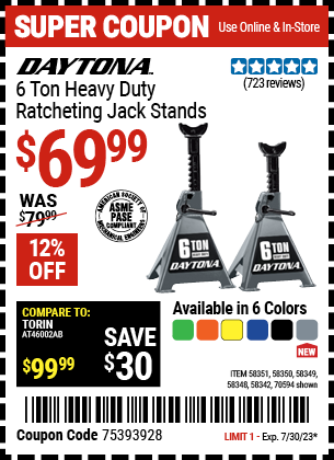 Buy the DAYTONA 6 Ton Heavy Duty Ratcheting Jack Stands, Black (Item 58342/58348/58349/58350/58351/70594) for $69.99, valid through 7/30/2023.