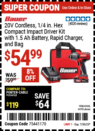 Buy the BAUER 20V Cordless, 1/4 in. Hex Compact Impact Driver Kit with 1.5 Ah Battery, Rapid Charger, and Bag (Item 64755/63528) for $54.99, valid through 7/30/2023.