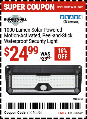 Buy the BUNKER HILL SECURITY 1000 Lumen Wall Mount Peel-And-Stick Security Light (Item 58195) for $24.99, valid through 7/30/2023.