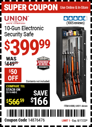 Buy the UNION SAFE COMPANY 10 Gun Electronic Security Safe (Item 64011/64008) for $399.99, valid through 8/17/2023.