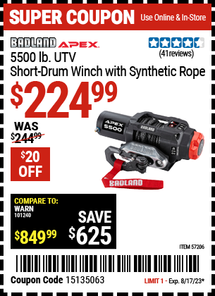 Buy the BADLAND APEX 5500 lb. UTV Short Drum Winch with Synthetic Rope (Item 57206) for $224.99, valid through 8/17/2023.