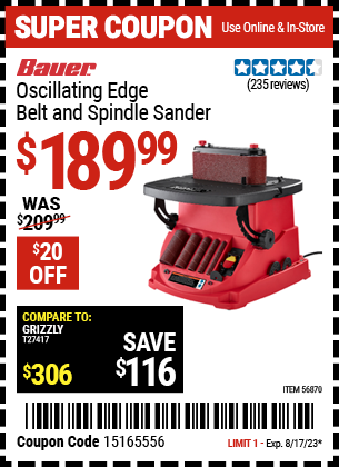 Buy the BAUER Oscillating Edge Belt And Spindle Sander (Item 56870) for $189.99, valid through 8/17/2023.