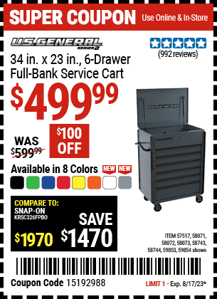 Buy the U.S. GENERAL 34 in. Full Bank Service Cart (Item 57517/58071/58072/58073/58743/58744/59853/59854) for $499.99, valid through 8/17/2023.