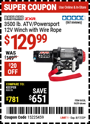 Buy the BADLAND ZXR 3500 lb. ATV/Powersport 12v Winch With Wire Rope (Item 56259/56528) for $129.99, valid through 8/17/2023.