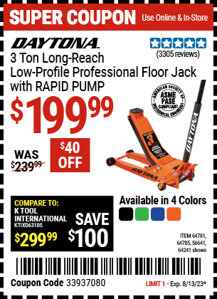 Buy the DAYTONA 3 Ton Long-Reach Low-Profile Professional Floor Jack with RAPID PUMP (Item 56641/64241/64781/64785) for $199.99, valid through 8/13/2023.