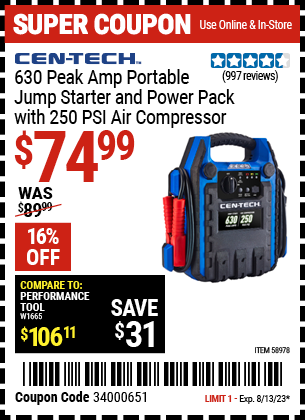 Buy the CEN-TECH 630 Peak Amp Portable Jump Starter and Power Pack with 250 PSI Air Compressor (Item 58978) for $74.99, valid through 8/13/2023.