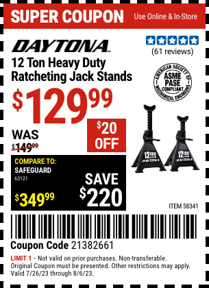 Buy the DAYTONA 12 Ton Heavy Duty Ratcheting Jack Stands, Black (Item 58341) for $129.99, valid through 8/6/2023.