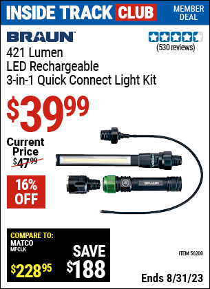 Inside Track Club members can buy the BRAUN 3-in-1 Quick Connect Light Kit (Item 56200) for $39.99, valid through 8/31/2023.