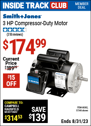 Inside Track Club members can buy the SMITH + JONES 3 HP Compressor Duty Motor (Item 57340/68302) for $174.99, valid through 8/31/2023.