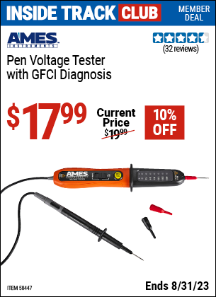 Inside Track Club members can buy the AMES INSTRUMENTS Pen Voltage Tester with GFCI Diagnosis (Item 58447) for $17.99, valid through 8/31/2023.