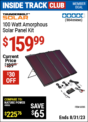 Inside Track Club members can buy the THUNDERBOLT MAGNUM SOLAR 100 Watt Solar Panel Kit (Item 63585) for $159.99, valid through 8/31/2023.