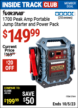 Inside Track Club members can buy the VIKING 1700 Peak Amp Portable Jump Starter and Power Pack (Item 57044) for $149.99, valid through 10/5/2023.