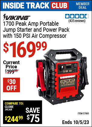 Inside Track Club members can buy the VIKING 1700 Peak Amp Portable Jump Starter And Power Pack With 250 PSI Air Compressor (Item 57085) for $169.99, valid through 10/5/2023.