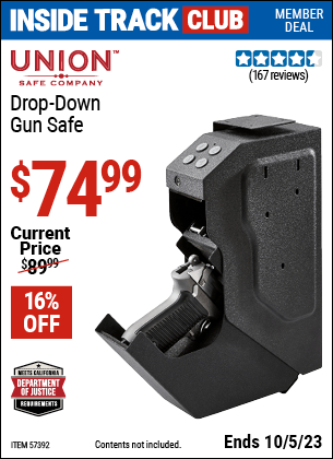 Inside Track Club members can buy the UNION SAFE COMPANY Drop Down Gun Safe (Item 57392) for $74.99, valid through 10/5/2023.