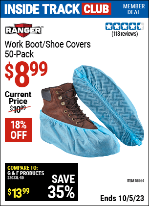 Inside Track Club members can buy the RANGER Work Boot Covers (Item 58664) for $8.99, valid through 10/5/2023.