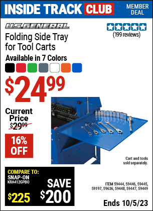 Inside Track Club members can buy the U.S. GENERAL Folding Side Tray for Tool Carts (Item 59444/59636/59446/59447/59448/59449/59445/59197) for $24.99, valid through 10/5/2023.