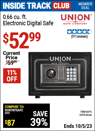 Inside Track Club members can buy the UNION SAFE COMPANY 0.66 cu. ft. Electronic Digital Safe (Item 62978/62679) for $52.99, valid through 10/5/2023.