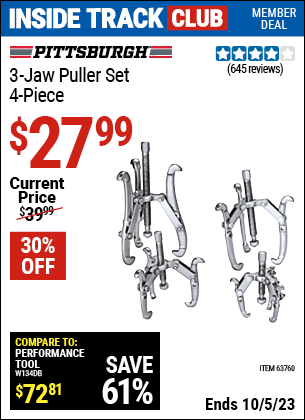 Inside Track Club members can buy the PITTSBURGH AUTOMOTIVE Three-Jaw Puller Set 4 Pc. (Item 63760) for $27.99, valid through 10/5/2023.