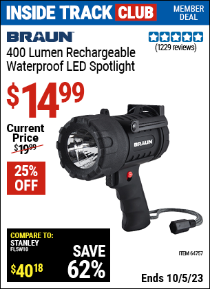 Inside Track Club members can buy the BRAUN 400 Lumen Waterproof Rechargeable LED Spotlight (Item 64757) for $14.99, valid through 10/5/2023.