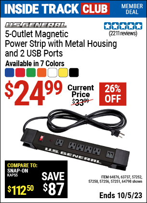 Inside Track Club members can buy the U.S. GENERAL 5 Outlet Magnetic Power Strip with Metal Housing and 2 USB Ports, Black (Item 64798/63737/64876/57250/57251/57252/57256) for $24.99, valid through 10/5/2023.