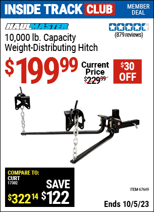 Inside Track Club members can buy the HAUL-MASTER 10000 Lbs. Capacity Weight-Distributing Hitch (Item 67649) for $199.99, valid through 10/5/2023.