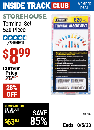 Inside Track Club members can buy the STOREHOUSE Terminal Set 520 Pc. (Item 67686) for $8.99, valid through 10/5/2023.