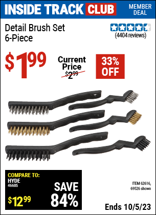 Inside Track Club members can buy the Detail Brush Set 6 Pc. (Item 69526/62616) for $1.99, valid through 10/5/2023.