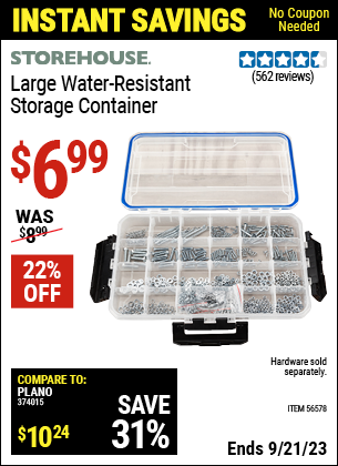 Buy the STOREHOUSE Large Organizer IP55 Rated (Item 56578) for $6.99, valid through 9/21/2023.